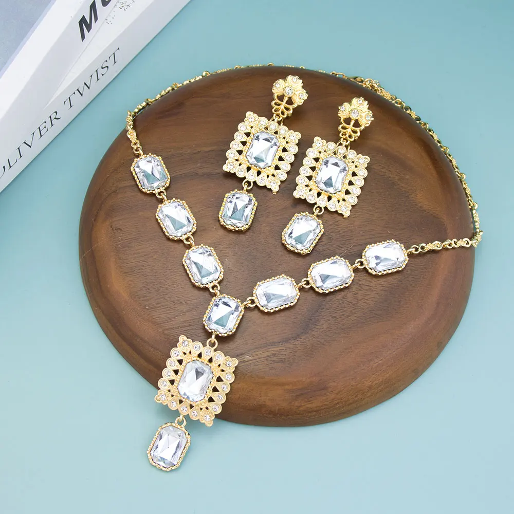 

Sunspicems Chic Moroccan Women Choker Necklace Earring Square Crystal Gold Color Arabic Bride Wedding Jewelry Set Algeria Bijoux