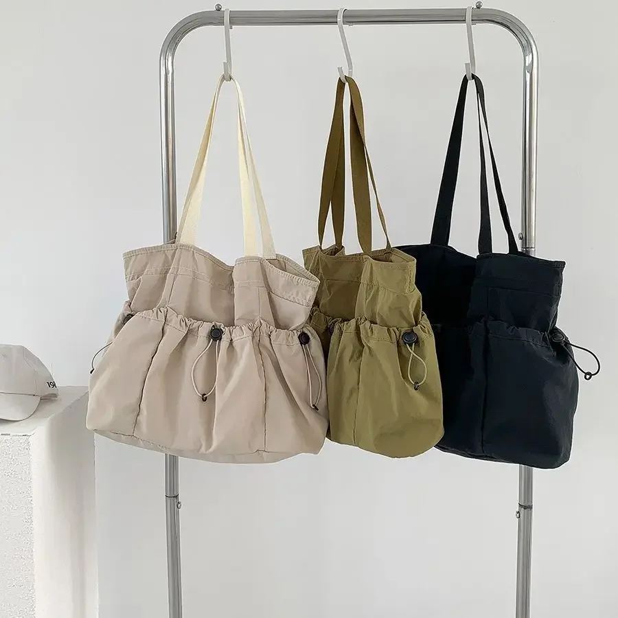 Bolsa de ombro com cordão para mulheres, nylon coreano leve, sacola escolar adolescente, bolsa casual de viagem