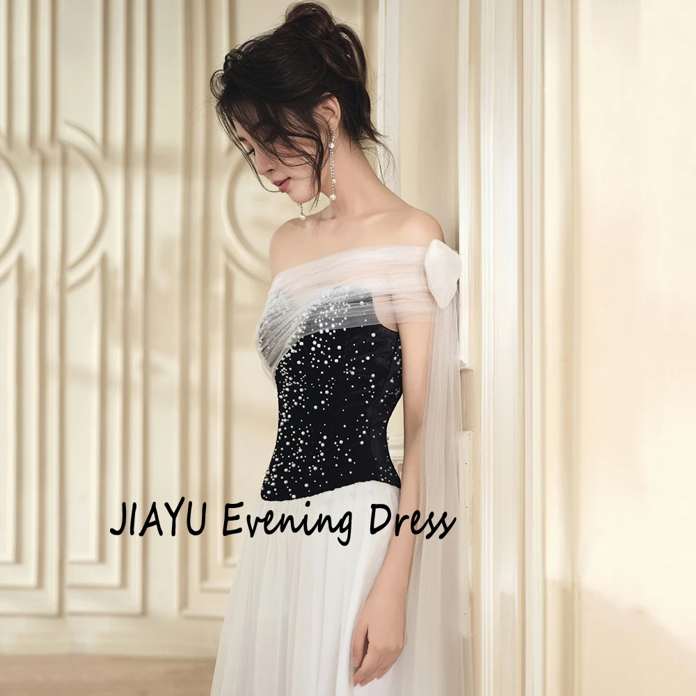 Dostosowany dekolt w łódkę kontrastowy kolor suknia wieczorowa w kształcie litery A tiul bez rękawów drapowana suknia wieczorowa z perłami do kostek suknia wieczorowa