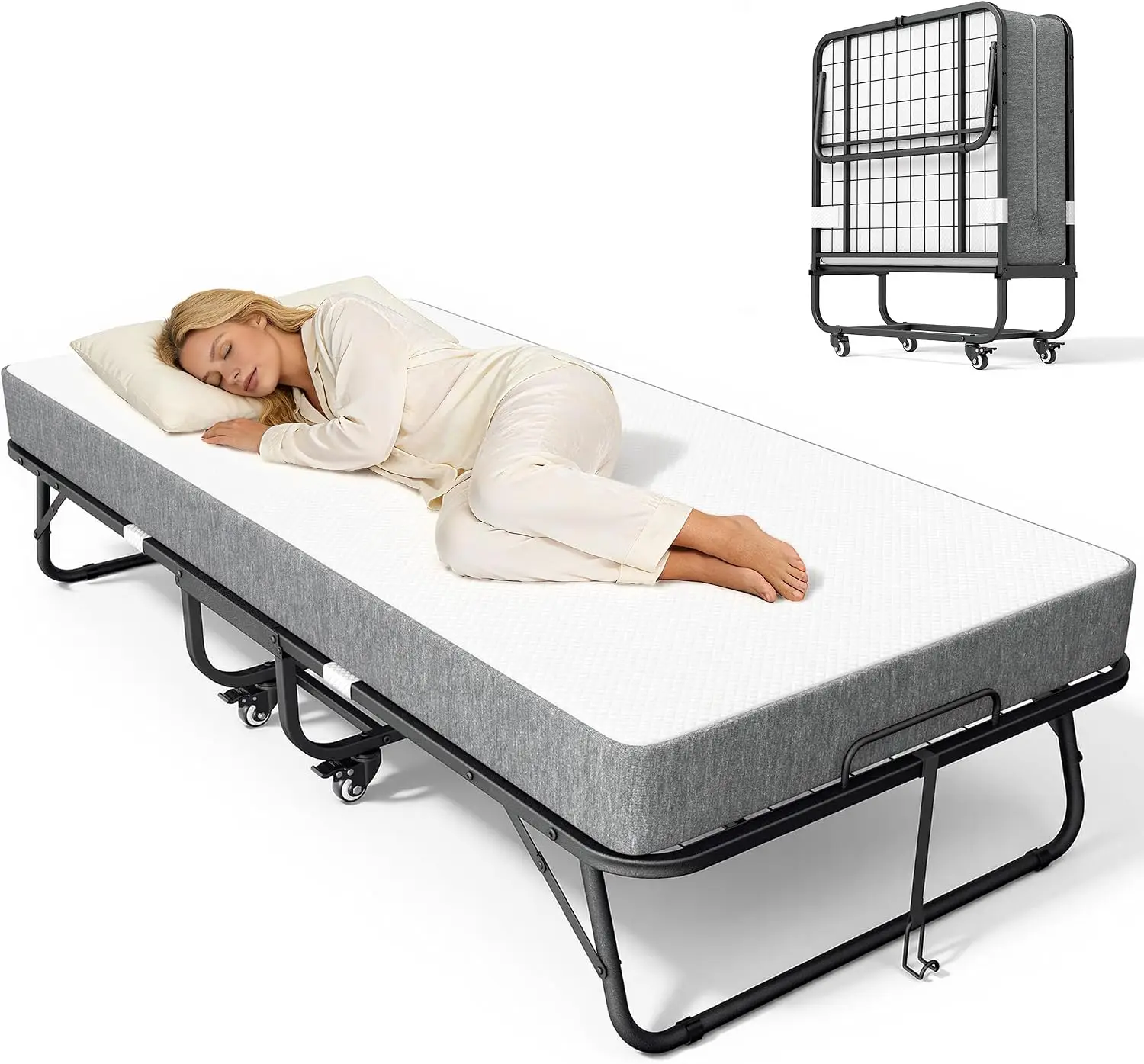75x38 In Folding Bed with 5 In Memory Foam Mattress 450 LBS Heavy Duty Steel Frame 4 Lockable Casters Rollaway Guest Bed Portable Floor Mat