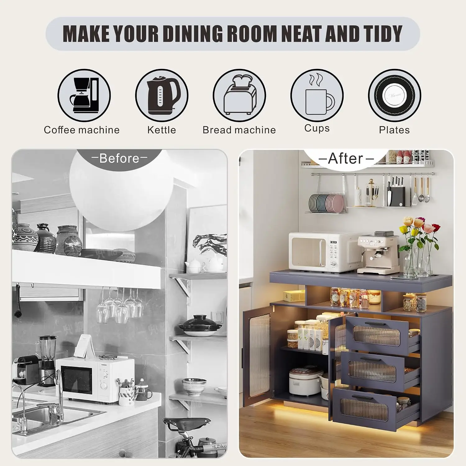 Coffee Bar Cabinet with Charging Station & RGB Lights, Home Kitchen Storage Organizer with Adjustable Shelves, Customized image 5