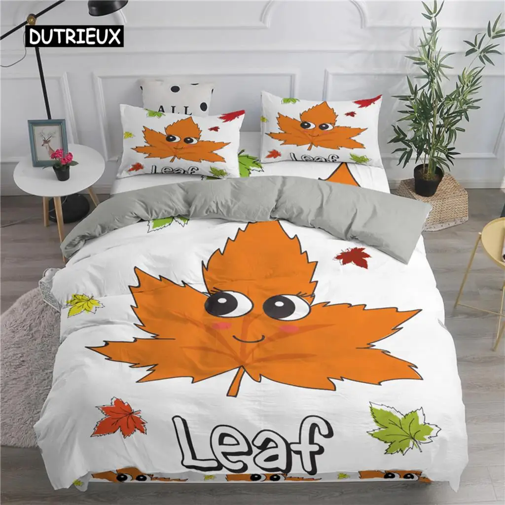 

Maple Leaf King Queen Duvet Cover Lovely Orange Cartoon Leaves Bedding Set Kids Boys Tropical Plant 2/3pcs Polyester Quilt Cover