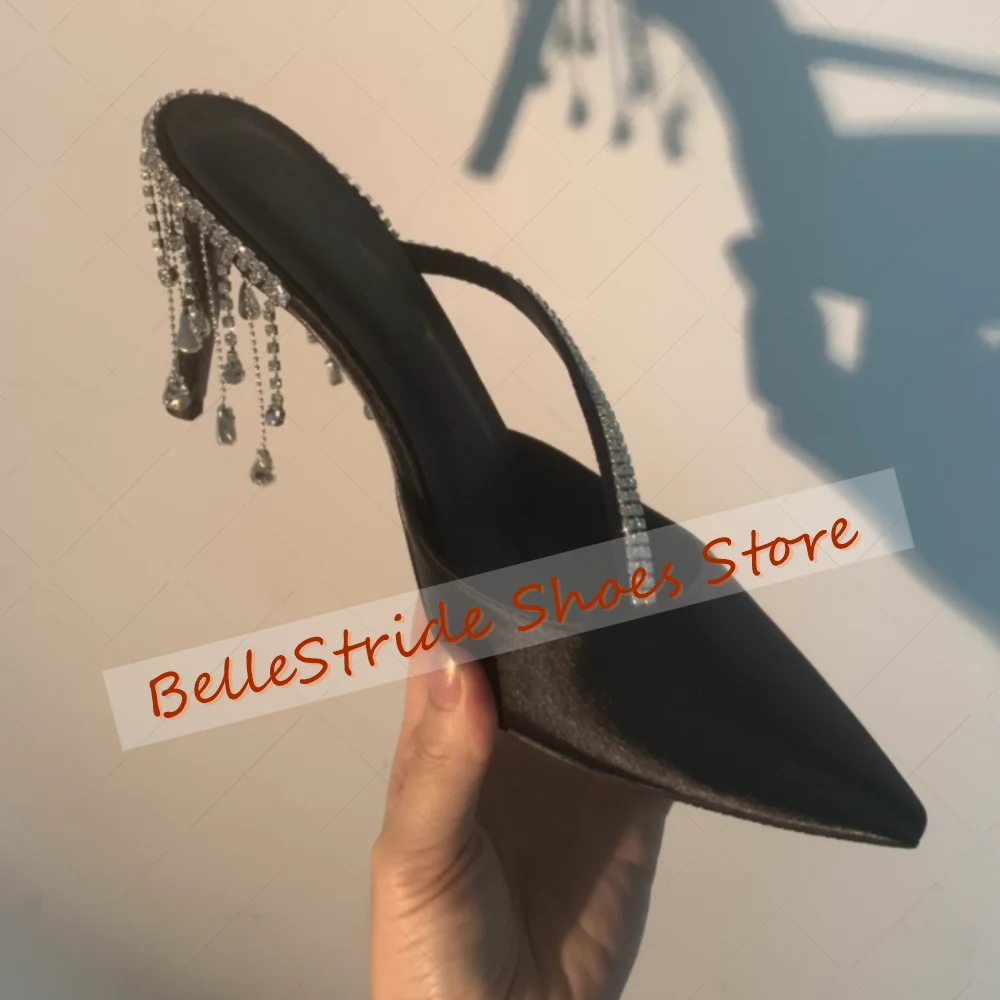

Black Crystal Tassels Satin Slippers Pointed Toe Women Shoes Stilettos High Heels Party Banquet Dating 2025 Zapatos Para Mujere