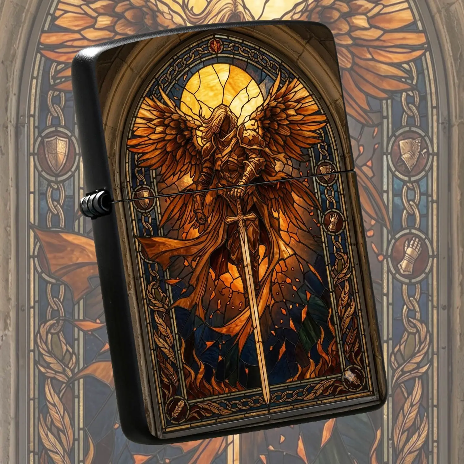 Vintage Stained Glass Archangel Themed Lighter, Exquisite Art Print Decor Accessory, Ideal Present For Friends Comrades For Collection, Fits Daily Outdoor Scenarios, Portable Practical Souvenir Ornament For Any Occasions A Humorous And Inte