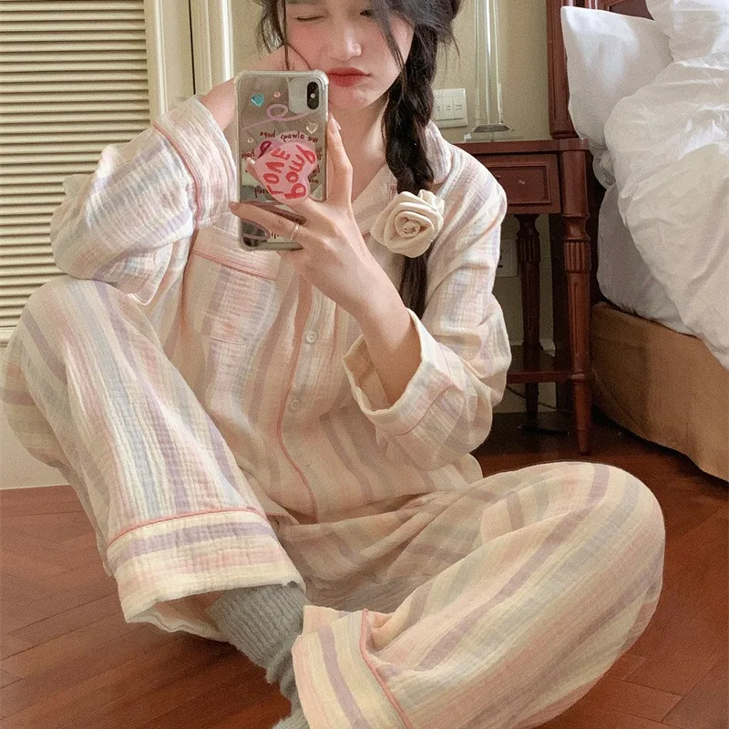 Striped Sleepwear Women Pajama Sets Korean Piiama Autumn Pants Sets for Women 2 Pieces Button Night Wears Long Sleeve Home Suit