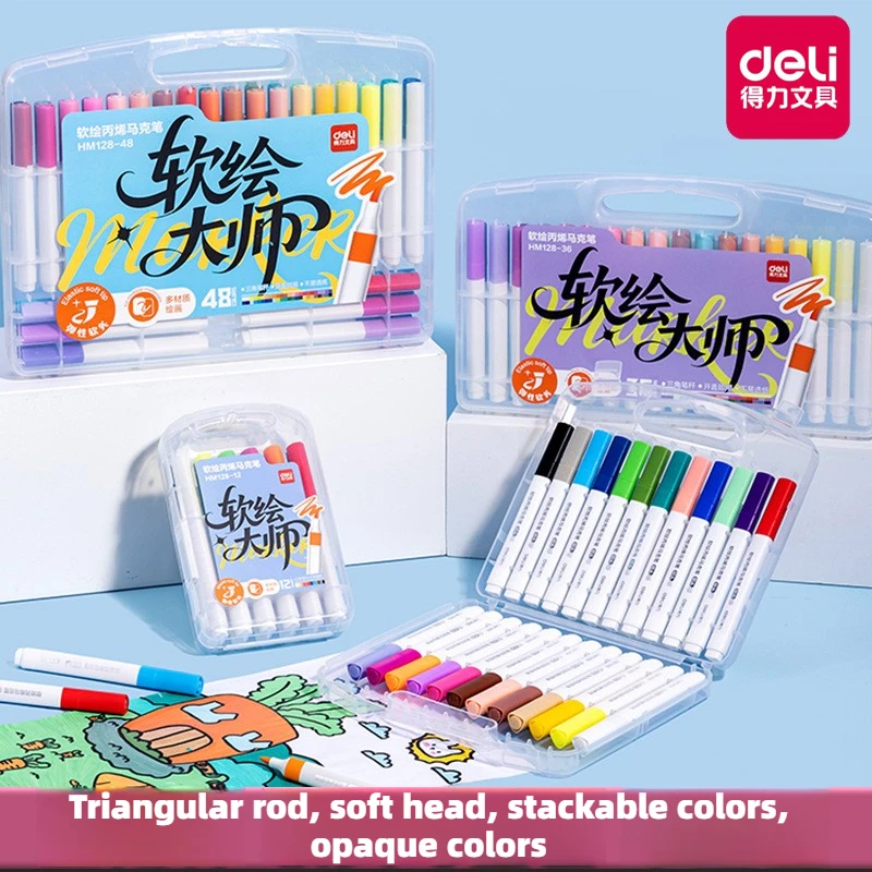 Deli acrylic marker set - soft tip, ideal for students, creative graffiti, painting, watercolor, opaque, and layerable