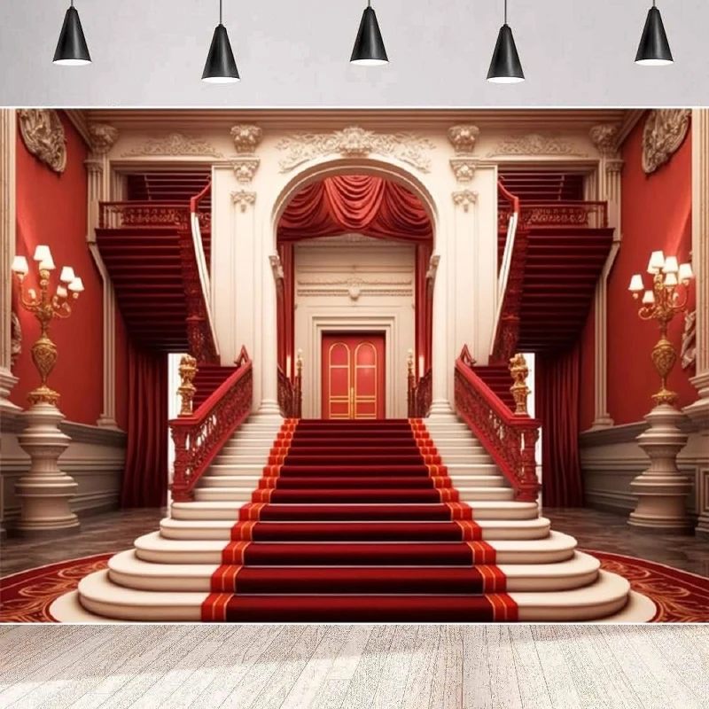 Luxurious Palace Photography Backdrop European Royal Interior Staircase Red Carpet Background Party Backdrop Wall Banner Poster