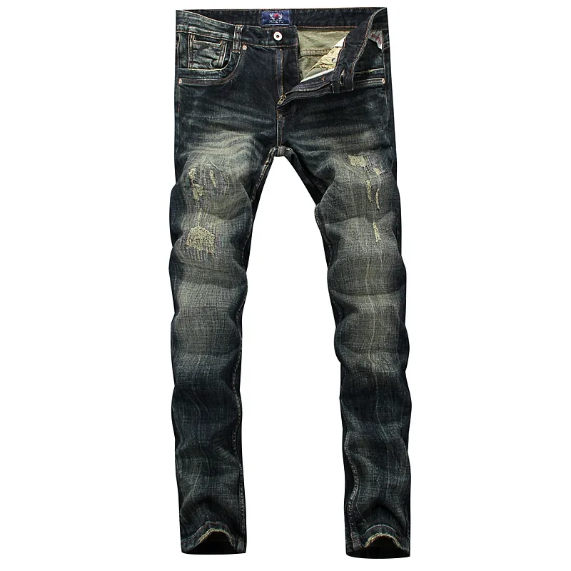 Heavy retro men's jeans slim fit small straight tube ripped patch personalized trend elastic denim nostalgic pants