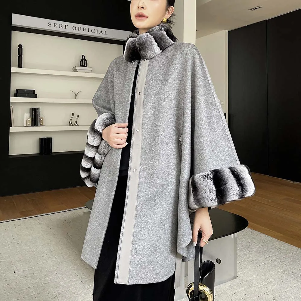 

Классический плащ рекс с воротником из кроличьего меха, двустороннее кассовое пальто для пожилых людей, шерстяное пальто для женщин