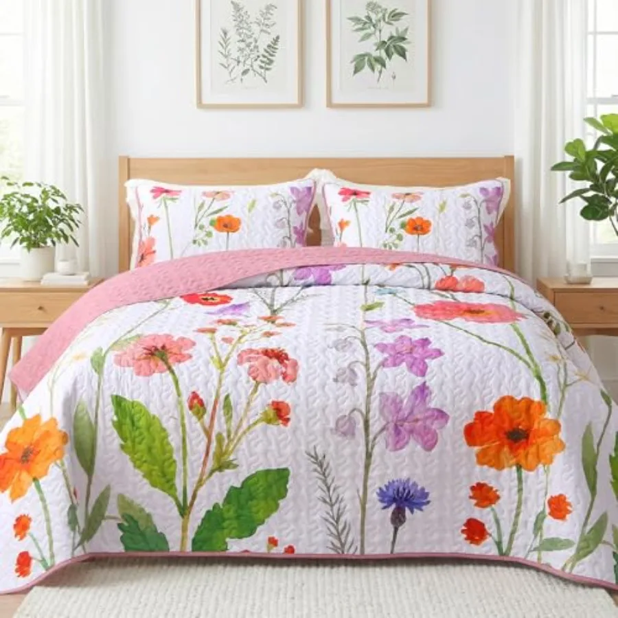 

Комплект постельного белья King Size: Ботанический узор, розовый цветочный принт, покрывало, 3 предмета, мягкая микрофибра, растительный орнамент