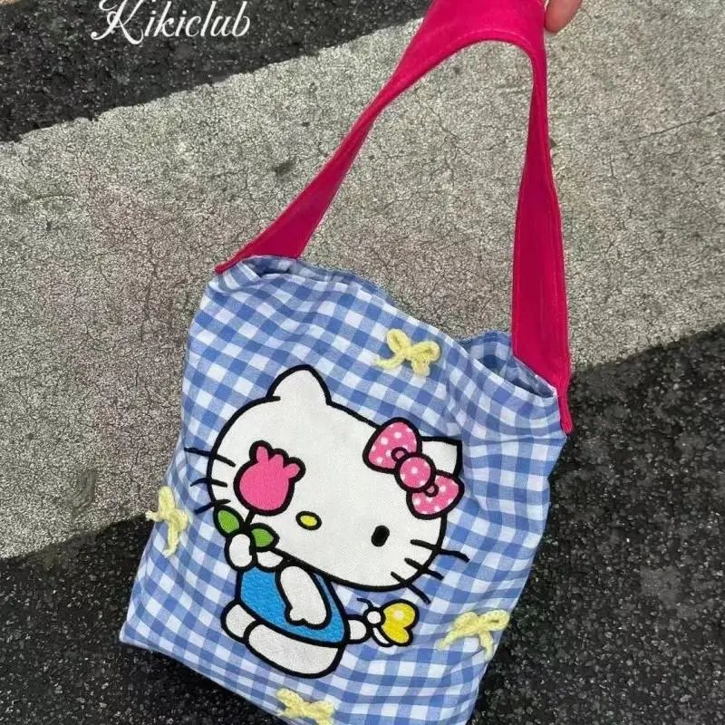 New Kawaii Cute Sanrio HelloKitty Bag Canvas Shoulder Bag Large Capacity Plaid Handbag Underarm Bag Ins Anime Toys For Girls