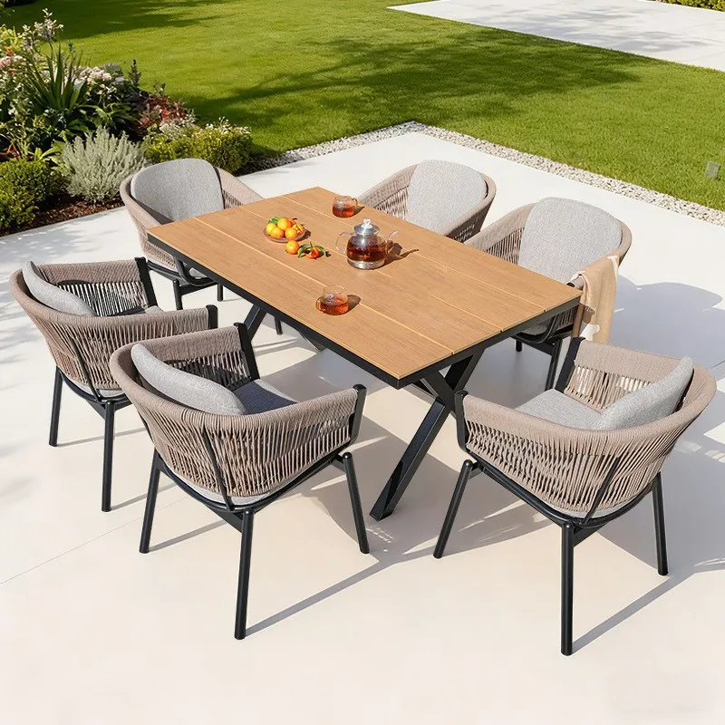 Outdoor Durable Casual Style Rope-Pull Aluminum Alloy Table Chairs Waterproof UV-Resistant Finish For Balcony Courtyard Cafe