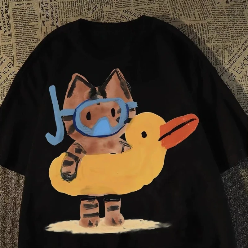 

Новая летняя мужская и женская футболка с милыми животными и кошкой, весенне-осенний индивидуальный тренд для пар, свободный повседневный топ с короткими рукавами