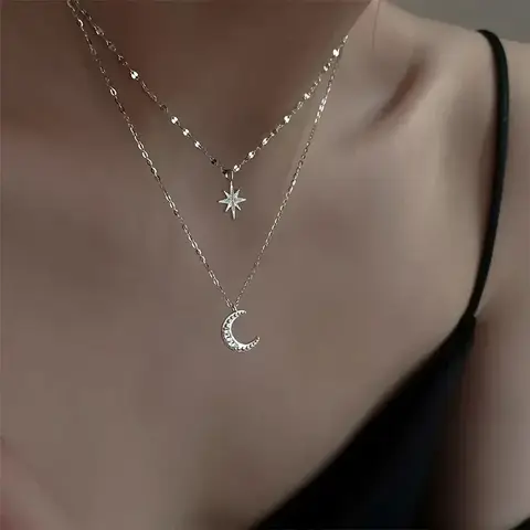 여성을위한 새로운 패션 실버 컬러 더블 레이어 스타 문 목걸이 매력 섬세한 지르콘 스테인레스 스틸 초커 체인 쥬얼리 Best5 여성을위한 새로운 패션 실버 컬러 더블 레이어 스타 문 목걸이 매력 섬세한 지르콘 스테인레스 스틸 초커 체인 쥬얼리 Best5