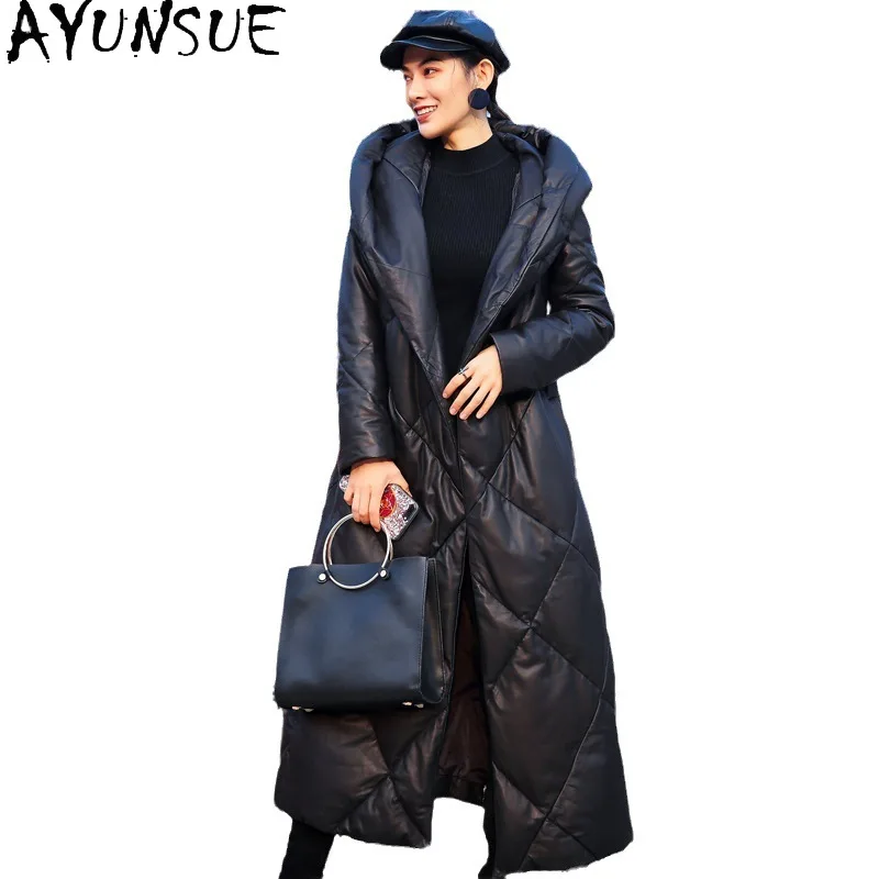 AYUNSUE Sheepskin Genuine Leather Jacket Women Long Over Knee Fashion Down Coat Woman Winter Clothes Hoodie Waist Jaqueta Couro - view 2