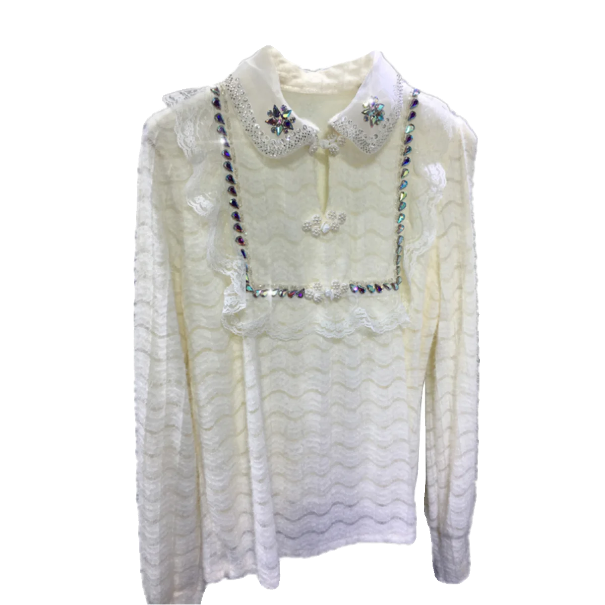 Imagem -05 - Camisa Acolchoada de Veludo Estilo Francês com Gola Alta Blusa de Manga Comprida Tops de Renda Miçangas Leves e Luxuosas Nova Moda Inverno