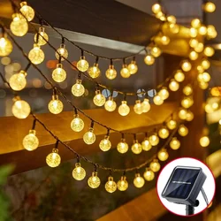 Luzes solares ao ar livre LED String, Luzes de bola de cristal impermeáveis Camping Pendurado Fairy Lights Decoração de festa de jardim