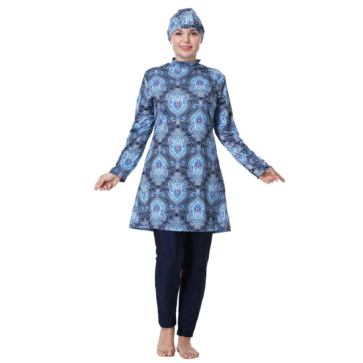 H1023 Muslim Women Fullcoverage  Long Sleeves Cover Up Burkinis Three Pieces Plus Size Printing  Swimwear Suits