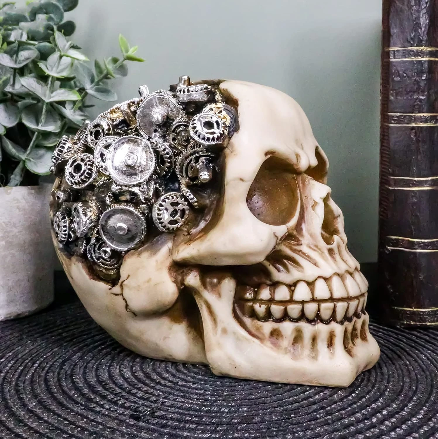 

Steampunk Cyborg Protruding Gearwork Human Skull Statue Sci Fi Clockwork Gear Design Skeleton Cranium Figurine