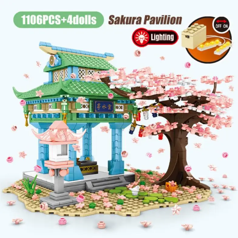 Japan Street View Building Block Japanese Cherry River Tunnel Pavilion Model City Streetscape Brick Assemble Toys With Led Light