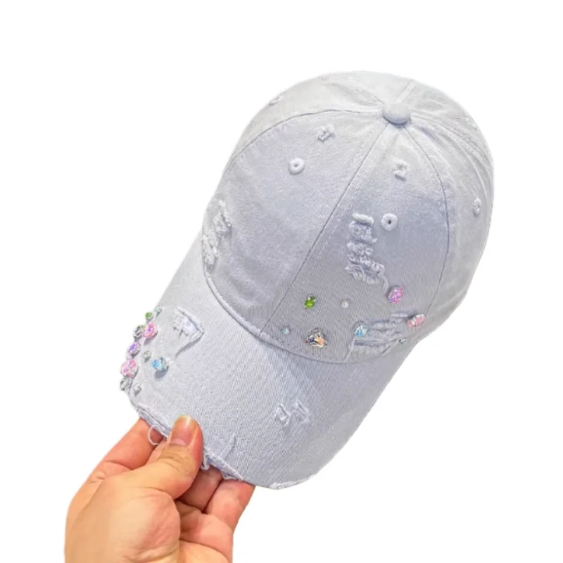 

Korean Version Worn-out Hole Rhinestone Duckbill Cap Spring and Autumn Versatile Casual Soft Top Baseball Cap Travel Sun Hats