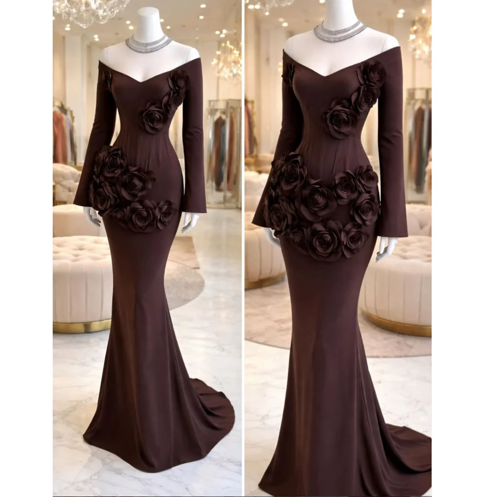 

Customized Chocolate Brown Off Shoulder Mermaid Evening Gown 3D Rose Appliqué Long Sleeve Formal Prom Wedding Party Dress