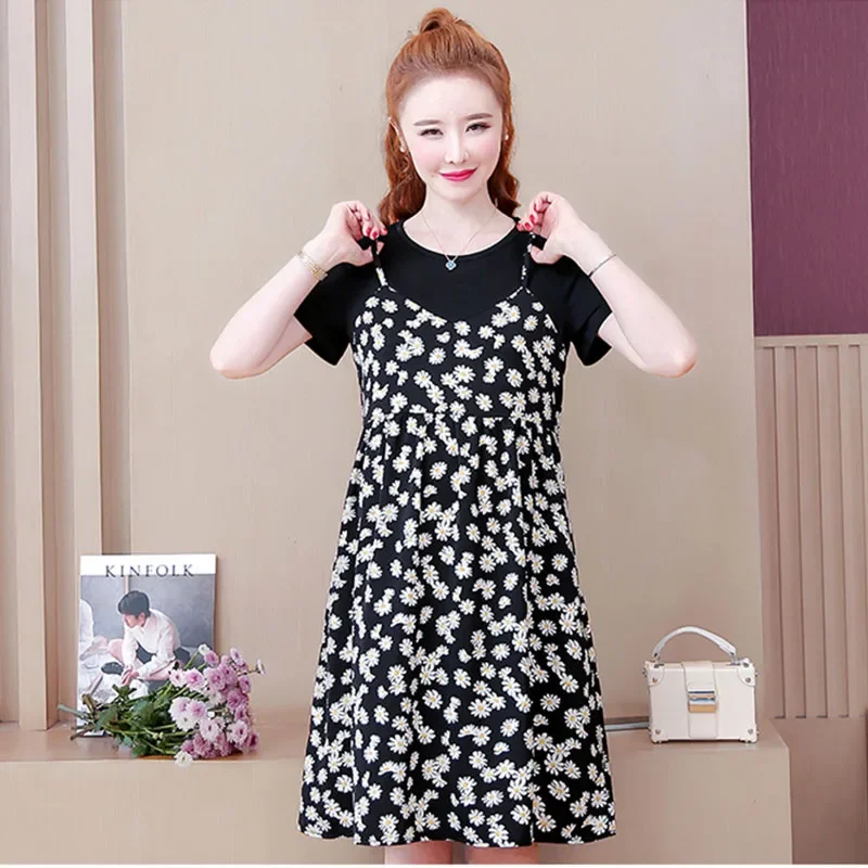 Women Large Size Dresses Maternity Summer New Short-Sleeved Maternity Clothes Loose Belly-Shading Knee-Length Plus Size Dresses