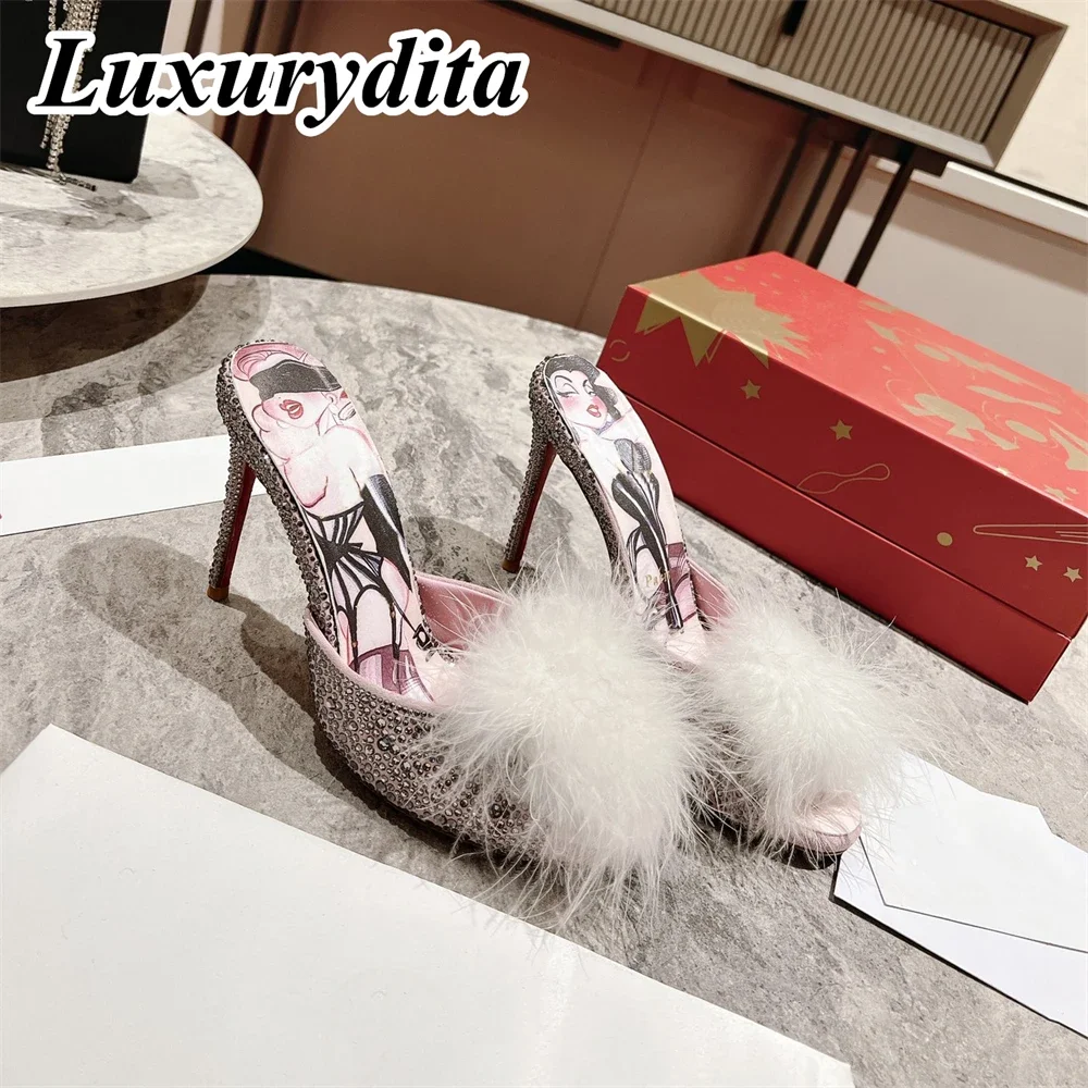 

LUXURYDITA Women Crystal Sandal Luxury High Heels Designer Can Customize Red Heel Socialite Dinner Wedding Mules shoes H090