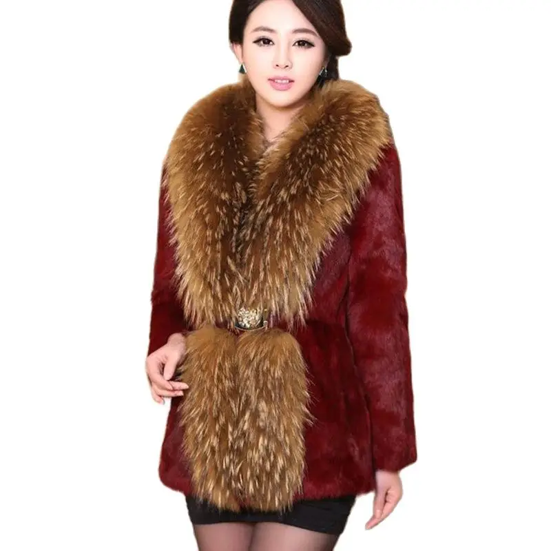 

Fur Lover Luxury Women Winter Real Rabbit Fur Full Skin Overcoat Coat With Huge Raccoon Fur Collar Jacket