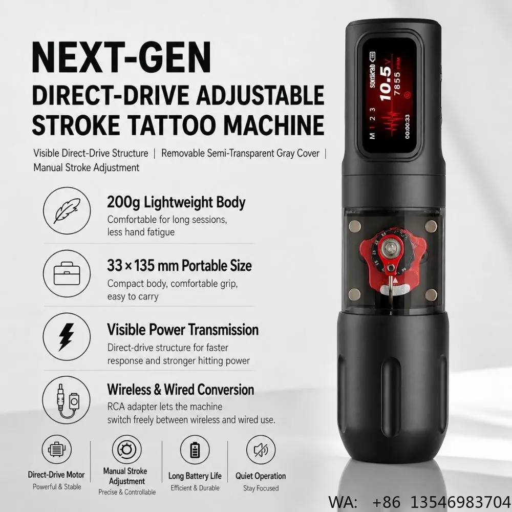 Soullead VIGOR 09 Wireless Direct Drive Adjustable Stroke Tattoo Machine High Torque 2 Grips Disposable Needles Lithium Battery