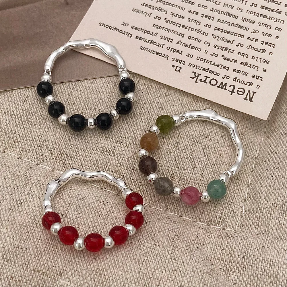 

Bohemian Natural Stone Beaded Ring for Women Men Irregular Black Agate Elastic String Stretchable Rings Fashion Jewelry Gift