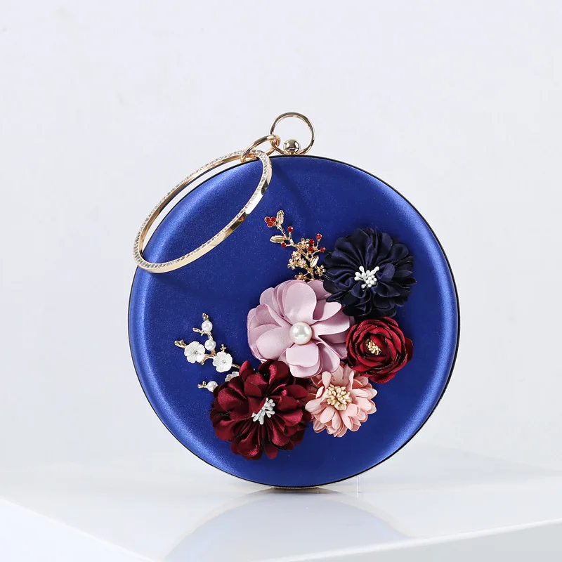 Women’s 3D Floral Round Clutch Purse Hand Bag Handmade Pearl Bridal Wedding Circular handbags Evening Party Wristlets bags