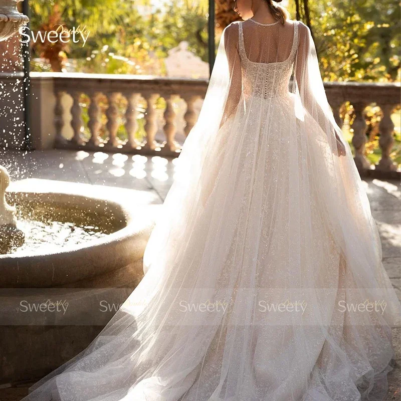 Elegant Wedding Dress Embroidered Lace On Net With Sequins Ball Gown A-Line Square Collar Sleeveless Prom Dresses Button Robe De