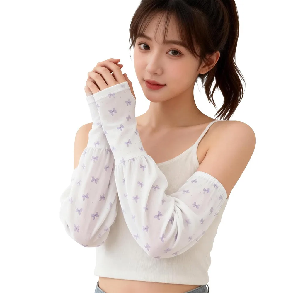 

New Ice Silk Summer Sun Protection Gloves UV Protection Bow Printed Finger Sleeves Soft Sun Protection Tools