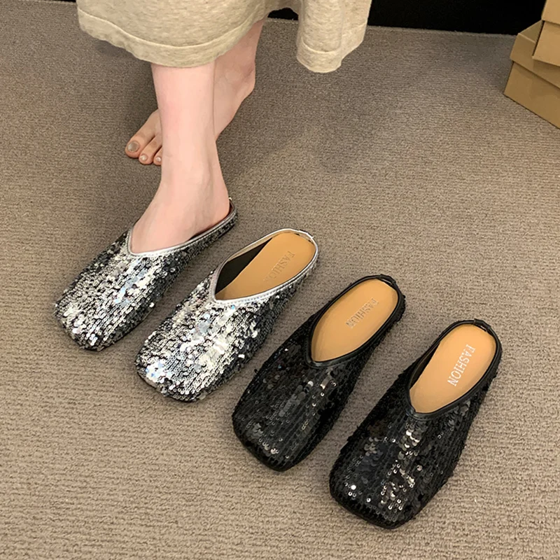 Shiny Sequin Head Cover Half Slippers Women Summer Outdoor Fashion Fairy Style with Skirt Mule Sandals Korean Style Slip-On S...