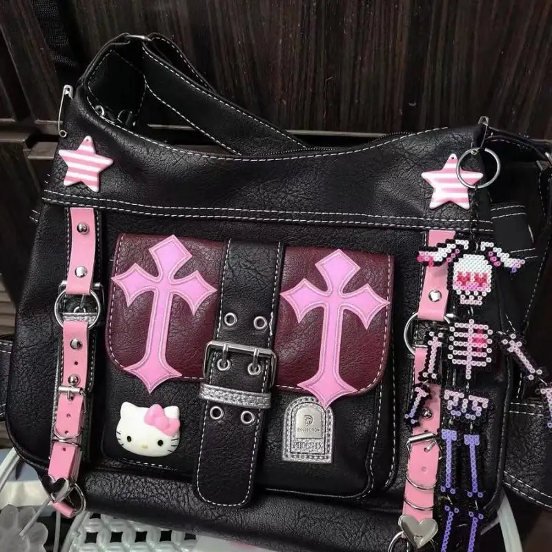 Hello Kitty Kawaii Y2K Pink Handbag Cartoon Anime Cross Print Chain Star Accessories Portable Cute Girl Storage Crossbody Bag