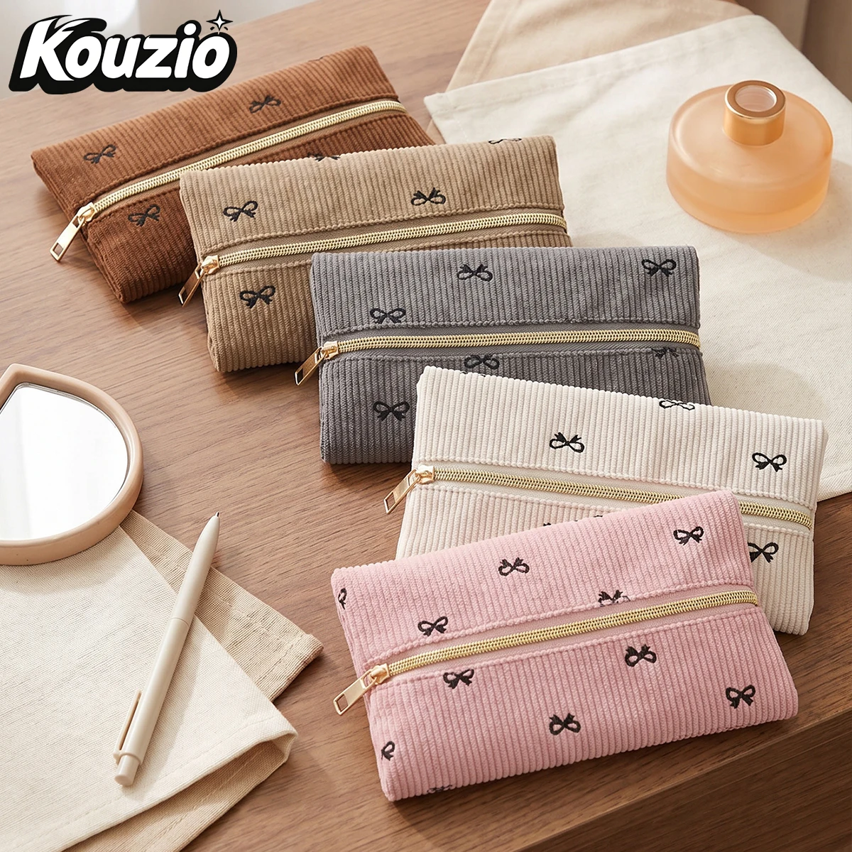 Bow Print Center Zipper Pencil Case, Large Capacity Pen Pouch, Stationery Organizer Bag, Portable School Supplies,Back to School