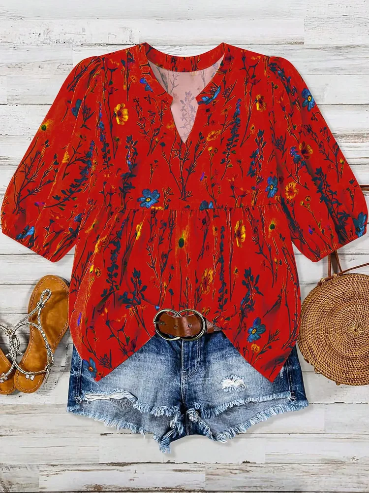 

Plus Size 1XL-5XL Autumn Women's Fashion Floral V-Neck Bishop Sleeve Blouse Ladies Flower Print Elegant Casual Shirt