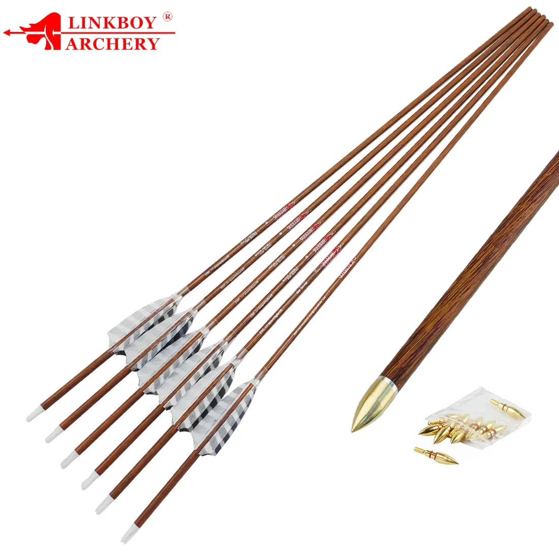 12PCS Linkboy Archery Carbon Arrows Wood Skin Arrows ID6.2mm 4pcs 3inch Turkey Feather 100gr Tips Bow Hunting Accessories