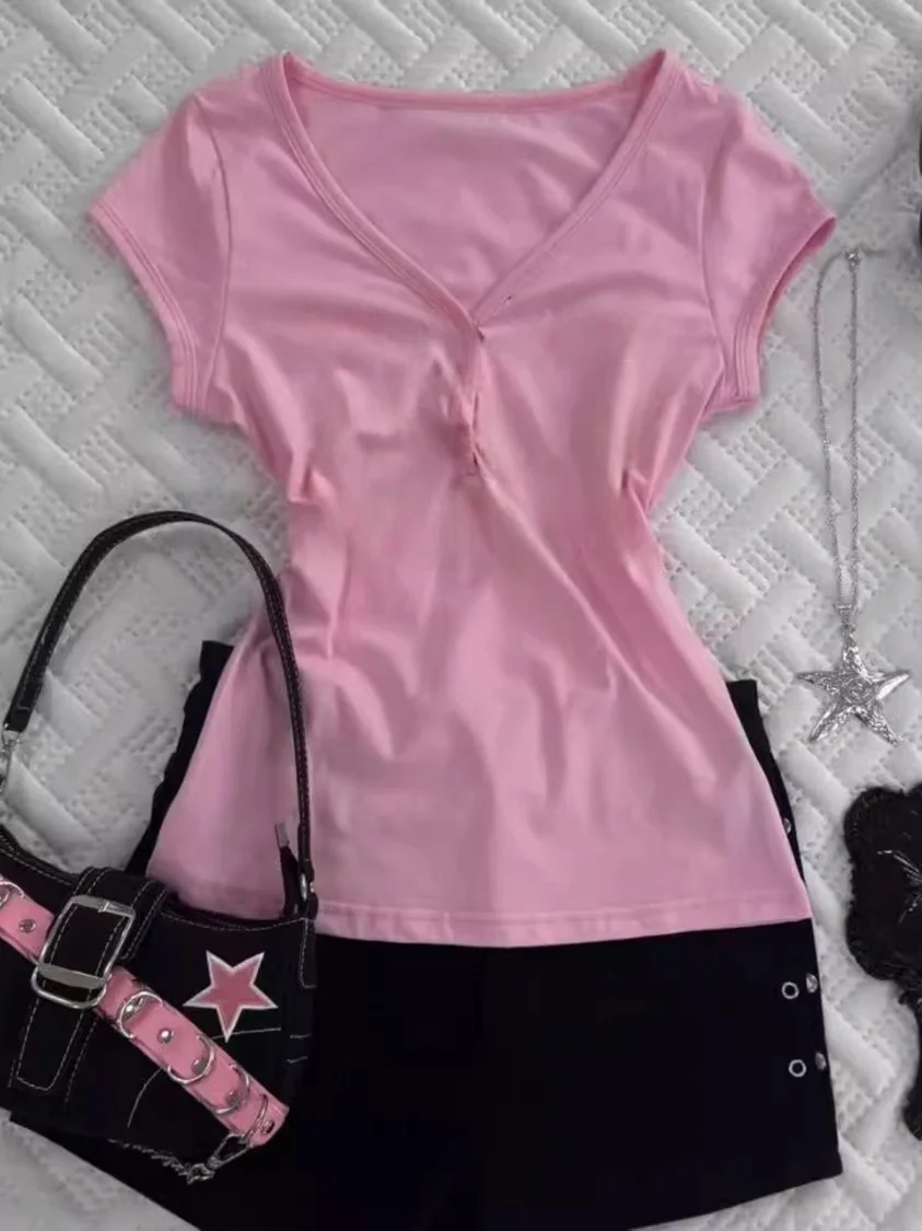 Retro American Sle Women's Slim Fit ort Sve T-irt Summer 2025 Pink Printed Letter Design Casual Comfortable Top