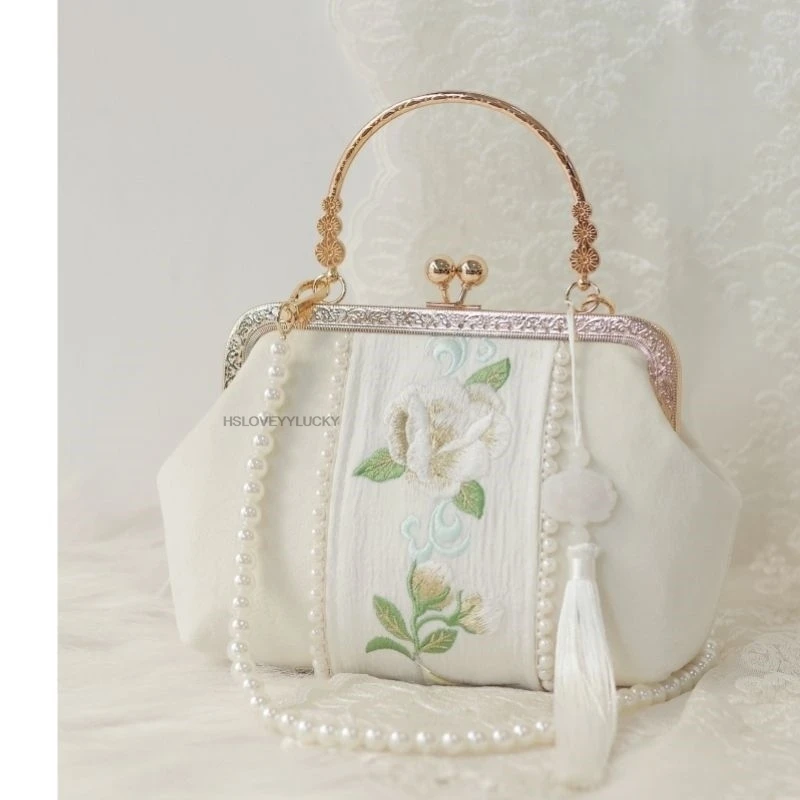 Chinese Embroidery Plate Buckle National Style Bag Female Spring New Plain Elegant Women Daily Hanfu Accessory Pearl Bag