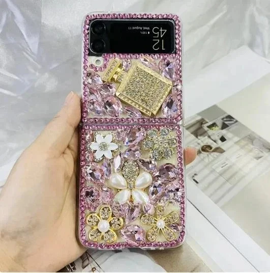 Bling Rhinestone Phone Case for Samsung Galaxy Z Flip 4 Z Flip 5 Z Flip 3, Cute Bear Bottle with Love Tassels Cover