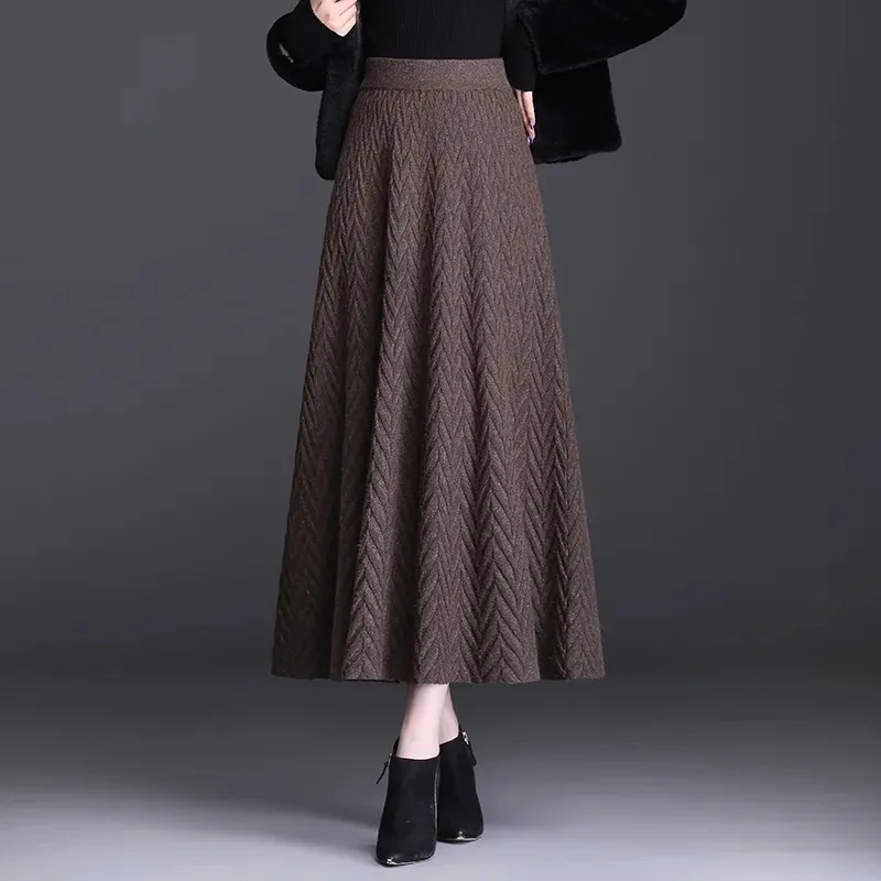 Knitted A-line Skirt Autumn Winter New Thickened Mid-length Skirt High-waisted Slimming Pleated Skirt