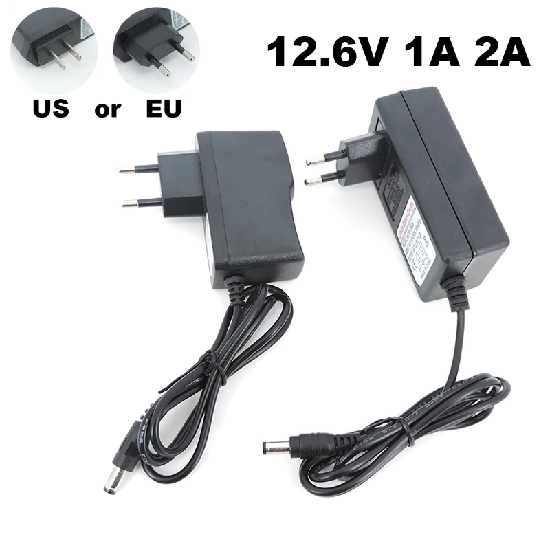 AC 100V-240V DC 12.6 V 1A 2A caricabatterie 12 V Volt adattatore di alimentazione 5.5*2.5MM 12.6 V 2 A per 18650 batteria al litio EU US Plug