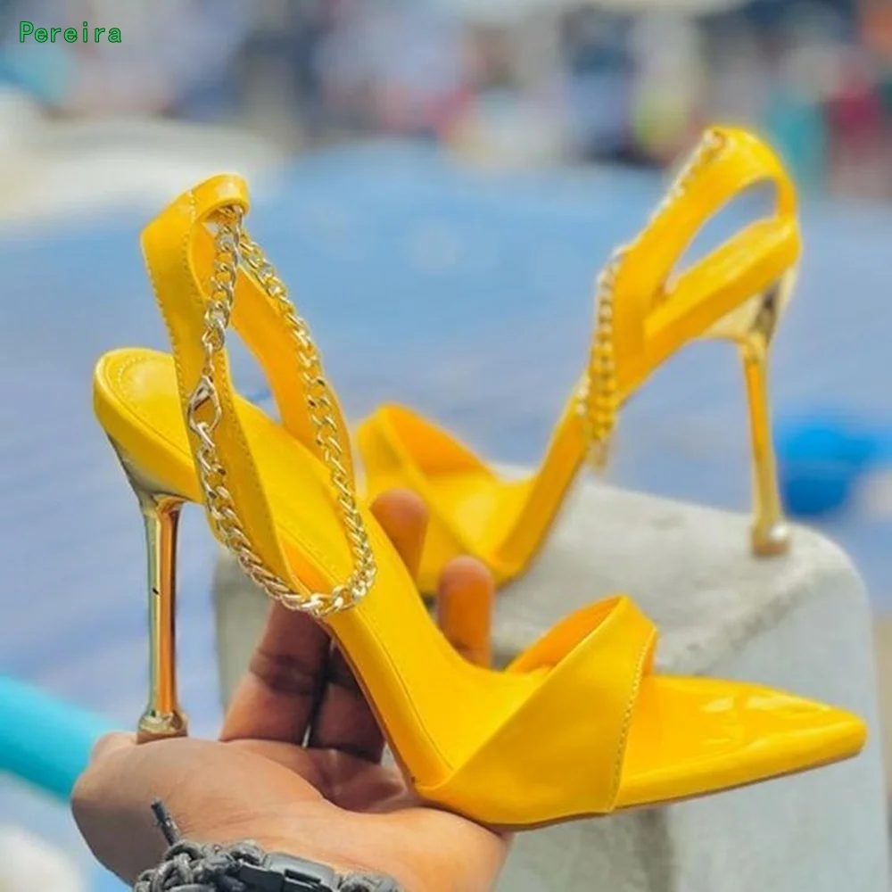 Yellow Metal Stiletto Sandals Women's Summer Solid Pointed Toe Ankle Chain Buckle Fashion Sexy Party Shoes for Footwear 2024 New