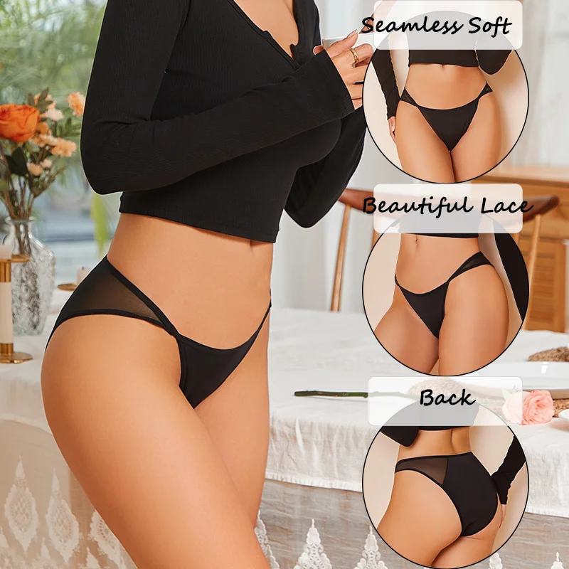 Bragas transparentes de empalme de tela de encaje para mujer, ropa interior Sexy transpirable, lencería suave sólida de cintura baja, S-XL, 3 uds.