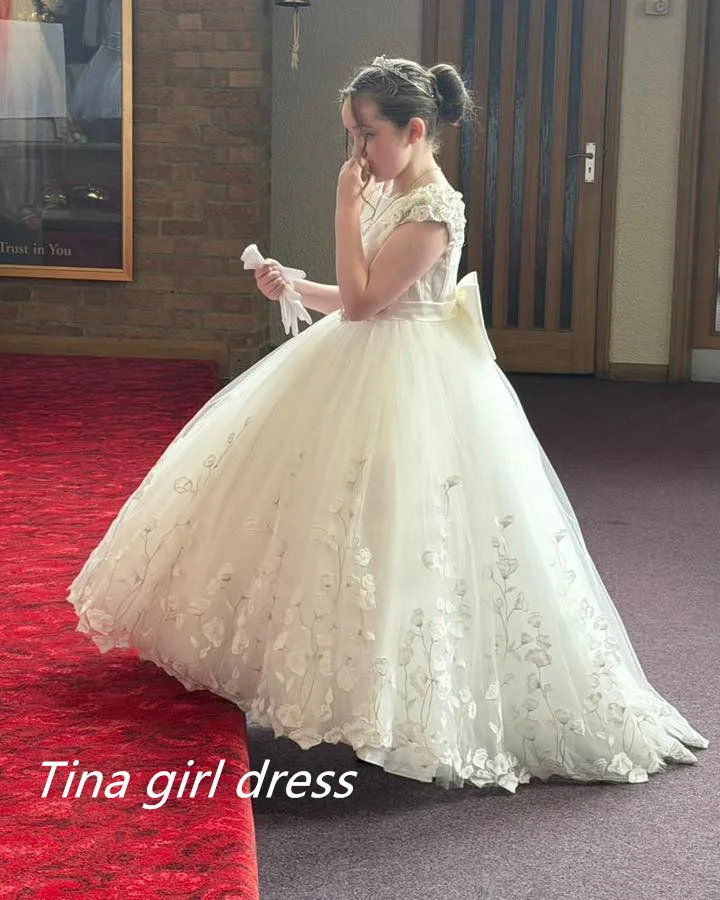 Princess Flower Girl Dresses for Wedding Lace Appliques Tulle Floor Lenght Kids Party Birthday First Communion Ball Gown Custom