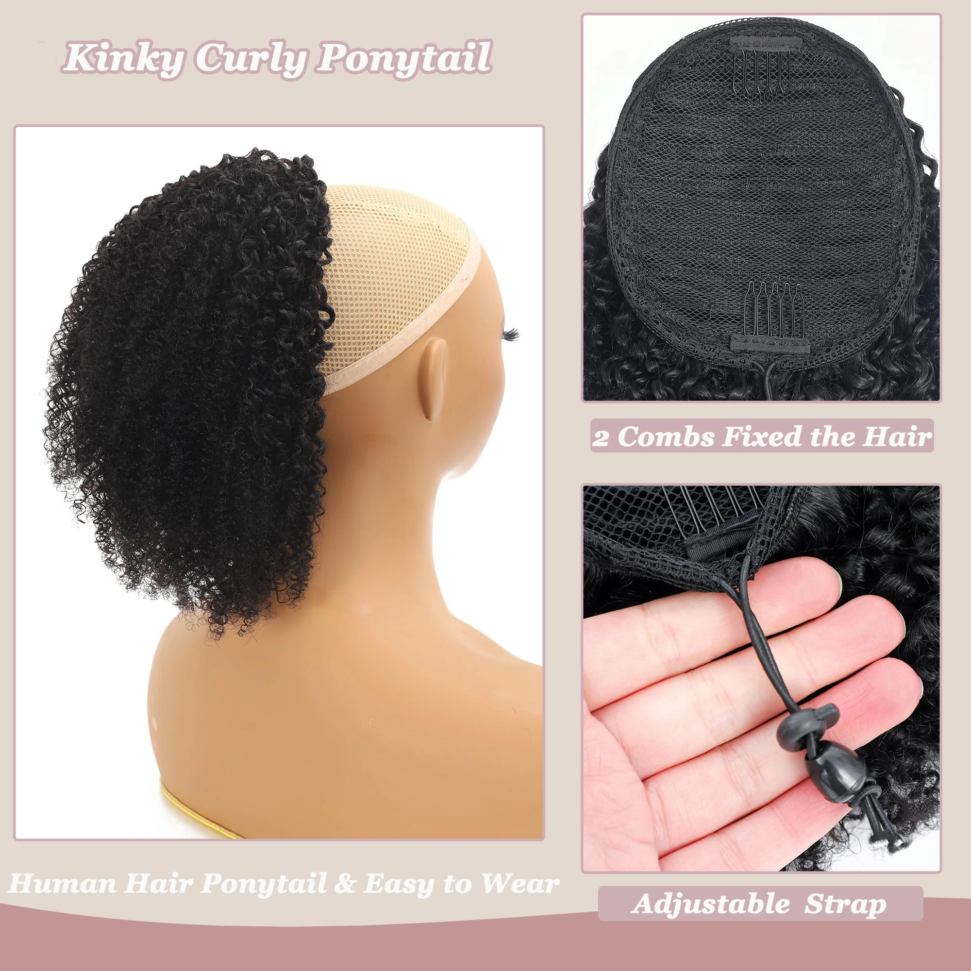 Kinky Curly Drawstring Ponytail, Cabelo Humano Virgem Brasileiro, Extensão Natural Rabo De Cavalo, Preto, 10A