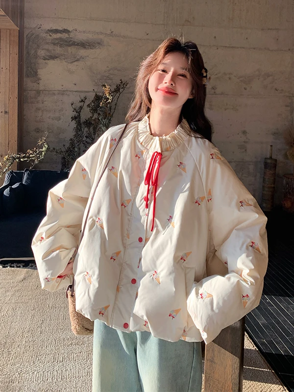 옐로우 자수 아이스 크리스탈 다운 재킷 여성용 겨울 방한 캐주얼 루즈핏 보온성 보장