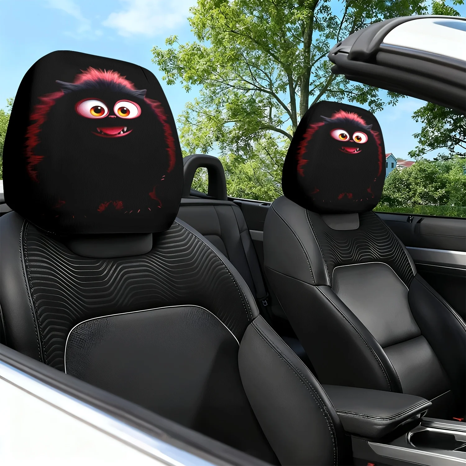 2 Stück schwarze, plüschige, mit Cartoon-Motiven bedruckte Autositzkissen, Kopfstützen und Nackenkissenbezüge – mit einem niedlichen Design
